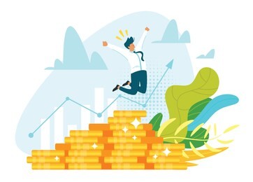 profitable investment, funding flat vector illustration. stock market income. successful businessman standing on coins stack. millionaire banker, financier cartoon character. diagram, graph growth
