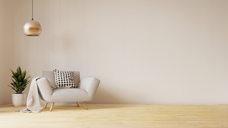 living room interior mock up with gray velvet armchair in living room with white wall. 3d rendering.