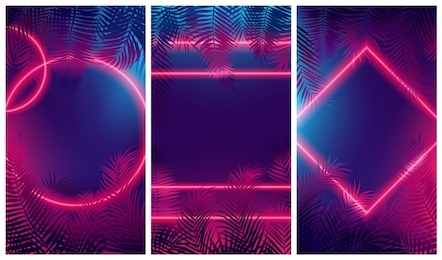 bright red glow from geometric shapes, neon cyberpunk background with tropical leaves