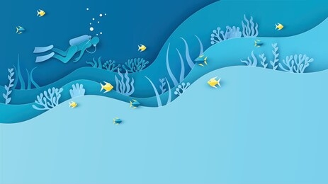 underwater world with diver, fish, coral and place for text space. paper cut and craft style. vector, illustration.