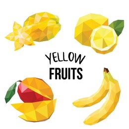 yellow exotic fruits. low poly, polygonal. set of abstract illustration of exotic fresh fruits on white background. summer. juice. food dessert. - vector