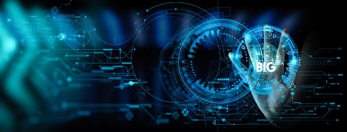 big data world and globe icon ui with hand selecting and pressing big data symbol and modern interface.