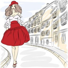 vector beautiful fashion girl top model in summer dress on a city street