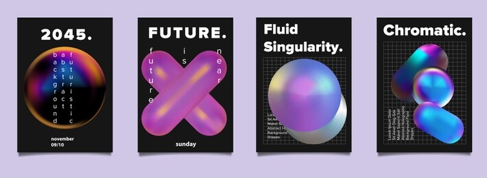 set of vector sci-fi retrofuturistic posters for science or it event. vibrant fluid neon holographic 3d solids of matter on dark background. geometric oily chromatic rainbow shapes.