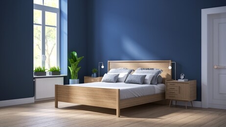 modern scandinavian  interior of bedroom ,wood bed and bedside table on dark blue wall and wood floor ,3d render