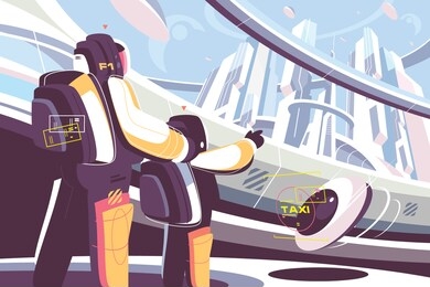 weekdays of people in future vector illustration. father and son going on futuristic taxi flat style design. little boy pointing on cityscape with flying taxicab. fantastic technology