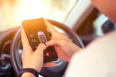 smart car concept,self-driving car controlled with app on smartphone to park in parking lot. 
