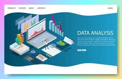 data analysis landing page template for website and mobile site development. isometric people interacting with charts and analyzing statistics diagrams. data analytics web page concept.
