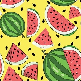 seamless vector pattern with watermelon, slice and seeds on yellow background. summer fruit illustration.  good for printing. wallpaper, fabric and textile idea. wrapping paper design. 