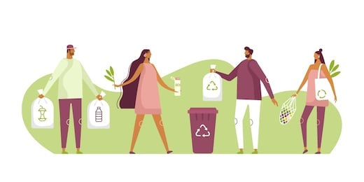 eco illustration for web. people sorting waste and use eco bag and reusable cup. eco-friendly characters. save the planet. vector template, flat design, white isolated. 