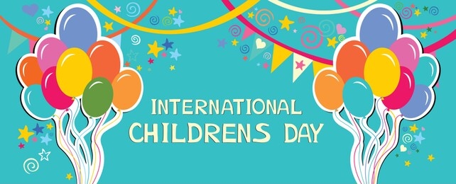 international childrens day. happy children day greeting card. kids day poster. 1 june. image with text. congratulatory inscription. multicolored balloons, children's items. vector illustration