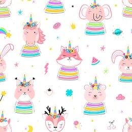 magic cute unicorn animals with flower horn and summer symbols vector background for kids fashion. seamless pattern with magical kawaii animal print for nursery, baby shower, birthday wallpaper 