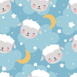 sheep seamless pattern with clouds and stars, cute cartoon animal background, illustration vector