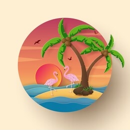 origami paper art of icon style summer season, flamingo on the island with sunset