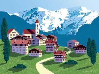 summer countryside in switzerland with traditional houses and mountains in the background. handmade drawing vector illustration. pop art style poster. all objects are grouped into different layers.
