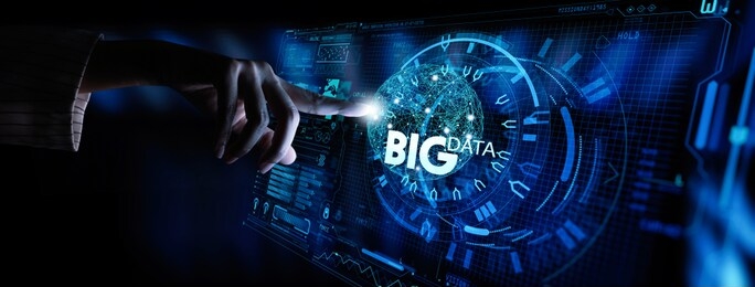 big data world and globe icon ui with hand selecting and pressing big data symbol and modern interface.