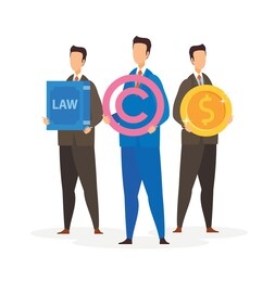 legal consulting firm flat vector illustration. men holding law code, copyright symbol, and coin cartoon characters. professional lawyers team service, intellectual property protection. patent office
