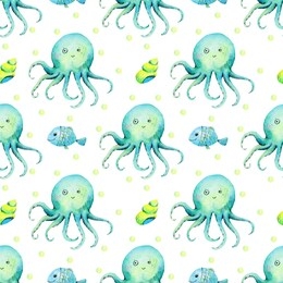 sea ​​watercolor ocean octopus, shells, fish, jellyfish illustration seamless pattern hand drawn  on a white background