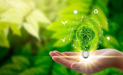 hand holding light bulb against nature on green leaf with icons energy sources for renewable, sustainable development. technology ,environment ,ecology concept.