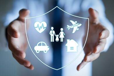 businessman with protective gesture and family, life, car, travel, health and house insurance icons. insurance concept.