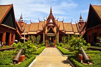 a beautiful example of the symmetry in traditional khmer architecture at cambodia's national museum in phnom penh.