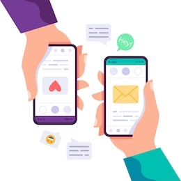 two hands holding phone with message, icons and emoji. communication concept on white background. social networking concept. vector flat cartoon illustration for web sites and banners design
