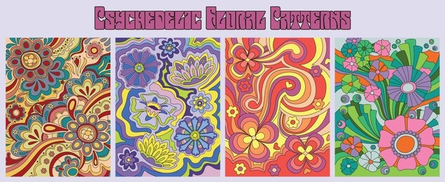 psychedelic floral patterns 1960s hippie style art, vintage colorful backgrounds