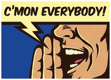 pop art style comic book panel man calling and yelling out loud with speech bubble, call to action concept vector illustration