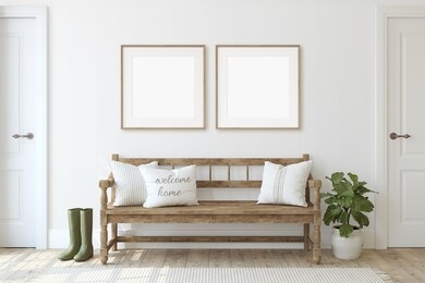 farmhouse entryway. wooden bench near white wall. frame mockup. two wooden square frames on the wall. 3d render.