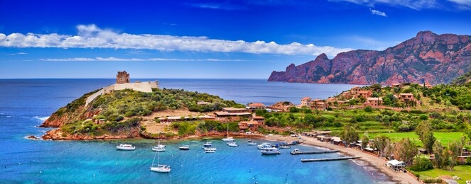 panorama of girolata bay in corsica island, corse-du-sud, france. scandola nature reserve a natural world heritage site, corsica regional park. it cannot be reached by car, only by walking or boats.