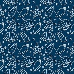 sea shells seamless pattern. tropical shells underwater. line icons isolated on blue background. vector illustration.