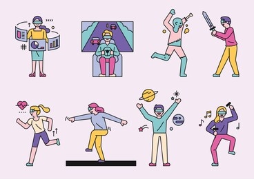 people who enjoy various pleasures wearing vr glasses. flat design style minimal vector illustration