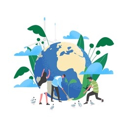 group of people or ecologists taking care of earth and saving planet. environmental protection, use of eco friendly or sustainable technology, green renewable energy. flat vector illustration.