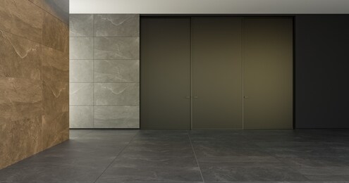 closed modern door in a room with a stone floor and textured walls style interior. concept of an opportunity. 3d rendering illustration mockup