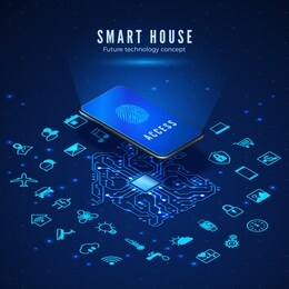 smart house concept. smartphone with fingerprint on screen and icons set. smart home monitoring and control systems. vector illustration