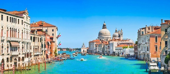 panoramic view of canal grande with basilica di santa maria della salute in venice, italy