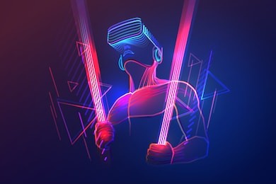 virtual reality gaming. man wearing vr headset and using light sword in abstract digital world with neon lines. vector illustration