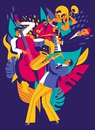 summer music festival poster. multiple musicians composition on abstract floral background. modern flat colors illustration. 