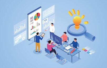 isometric office work crowd, team meeting and discussion