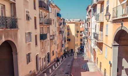 street view of nice, cote d'azur, france, south europe. beautiful city and luxury resort of french riviera. famous tourist destination with nice beach on mediterranean sea