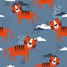 cute tigers and clouds, hand drawn backdrop. colorful seamless pattern with animals. decorative cute wallpaper, good for printing. overlapping background vector. design illustration, roar