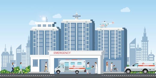 hospital building with ambulance car and medical emergency chopper helicopter medical with doctors working, healthcare concept vector illustration. 