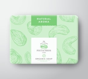 pistachios soap cardboard box. abstract vector wrapped paper container with label cover. packaging design. modern typography and hand drawn nuts background pattern layout. isolated.