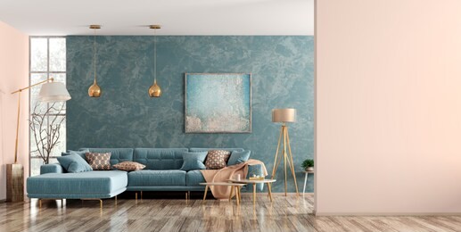 modern interior of living room with blue corner sofa, coffee tables, floor lamp, wall with copy space 3d rendering