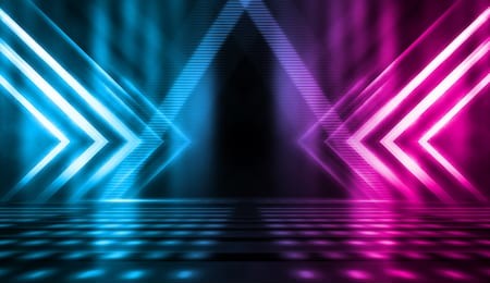 background of empty stage show. neon blue and purple light and laser show. laser futuristic shapes on a dark background. abstract dark background with neon glow
