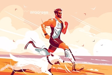 man with prosthetic legs running on seashore vector illustration. jogging athlete with prostheses and dog flat style design. people with disabilities and healthy lifestyle concept