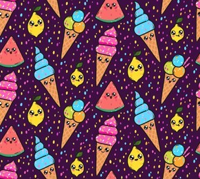 seamless pattern with cute ice creams, lemons, and watermelons in japan kawaii style. happy cartoon characters with funny faces illustration. can be used for t-shirt, print design, fabric, and cover.