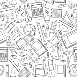 school supplies seamless pattern. hand drawn stationery on white background. vector illustration.