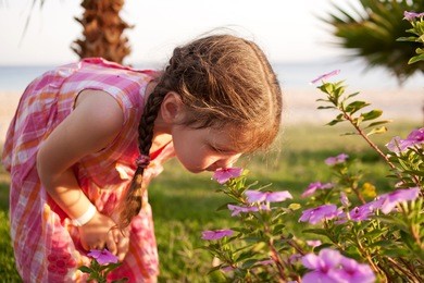 little girl smelling flowers on the beach. summer holidays.