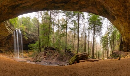 panoramic view of ash cave in the hocking hills region of ohio. 